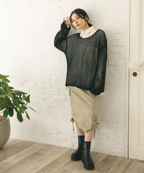 MIEL CRISHUNANT（ミエルクリシュナ）の「メッシュ透かし編みニット（ニット/セーター・レディース・ブラック/ライトベージュ・MEDIUM/SMALL）」の9枚目の写真