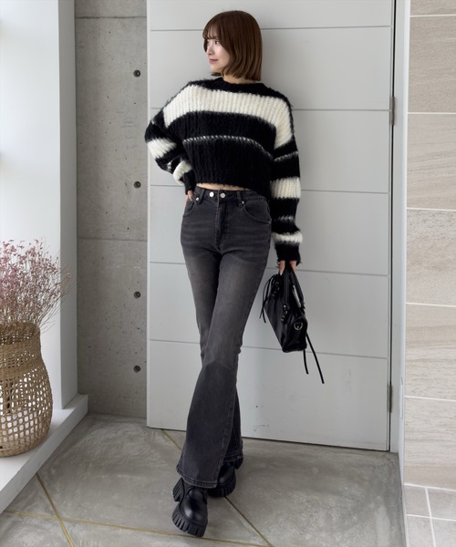 clear(クリア)の「ショート丈ボーダー起毛ニットトップス≪STAY MOTION≫(ニット/セーター・レディース・ブラック/ミント/ピンク・F)」の13枚目の写真