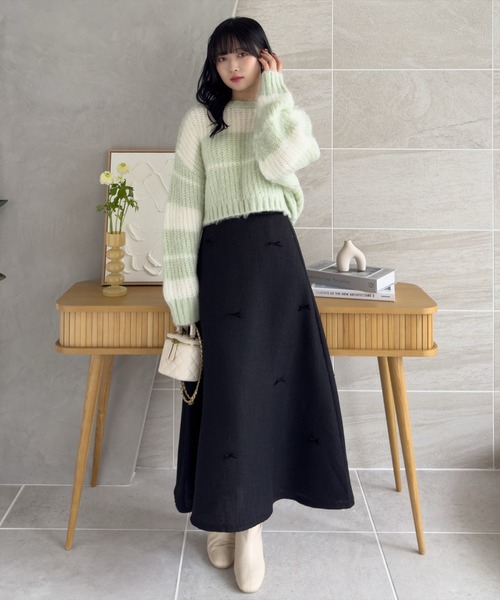 clear(クリア)の「ショート丈ボーダー起毛ニットトップス≪STAY MOTION≫(ニット/セーター・レディース・ブラック/ミント/ピンク・F)」の15枚目の写真