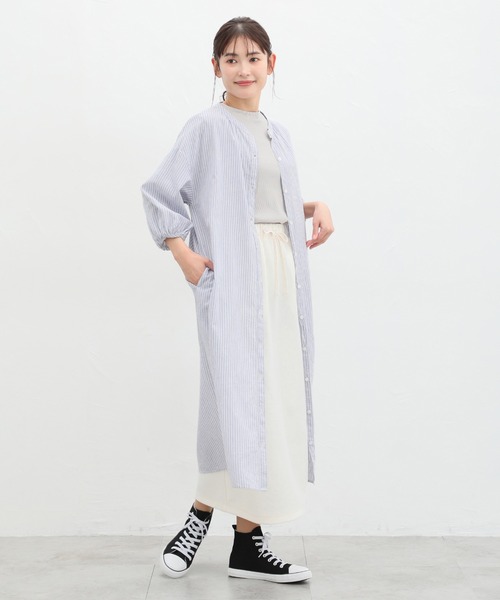 セール】7分袖マオカラーシャツワンピース（シャツワンピース