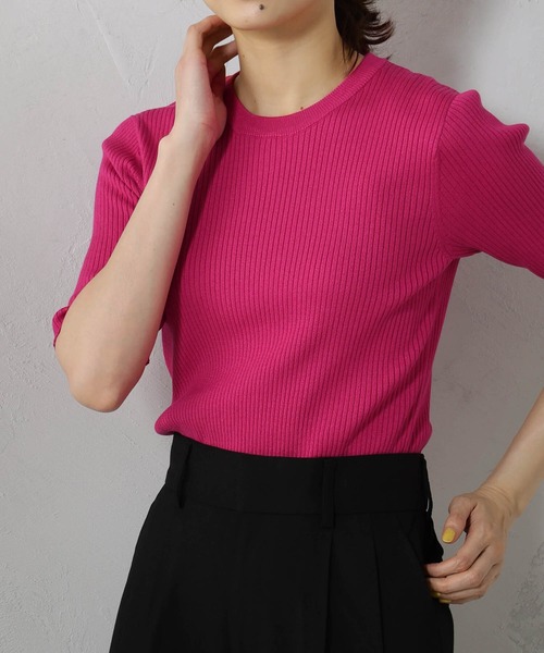 FOUND GOOD(ファウンドグッド)の「リブタイトニット5分袖プルオーバー(ニット/セーター・レディース・ブラック/ブルー系6/ホワイト系5/グレー系/ピンク系5・L/M/S)」の7枚目の写真