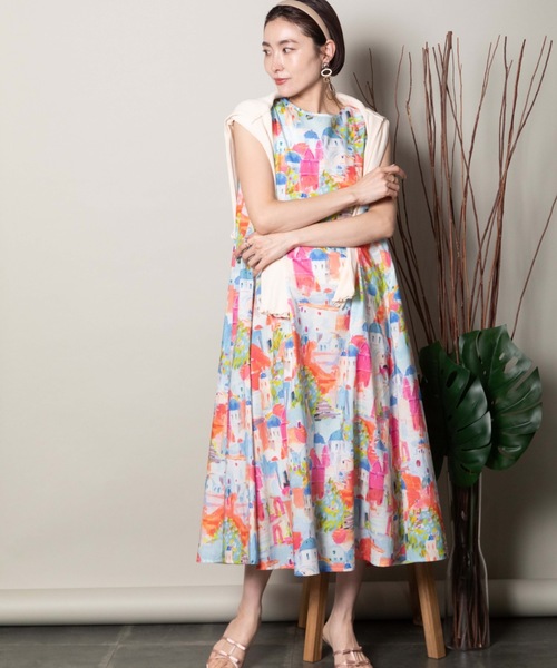 美品 ❇️モユル もゆる 萠❇️アート柄ノースリーブチュニックワンピ モユル萌 ワンピース 美品】萌 モユル シャツワンピース ノースリーブ