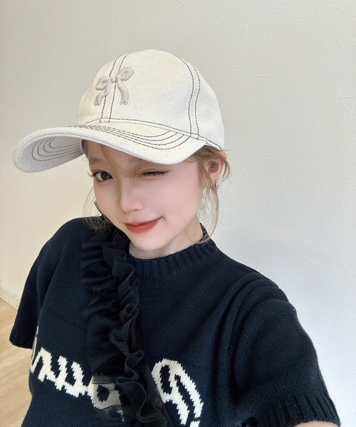 RiLi(リリ)の「ステッチリボンキャップ【RL】(キャップ・レディース・アイボリー/ネイビー・FREE)」の5枚目の写真