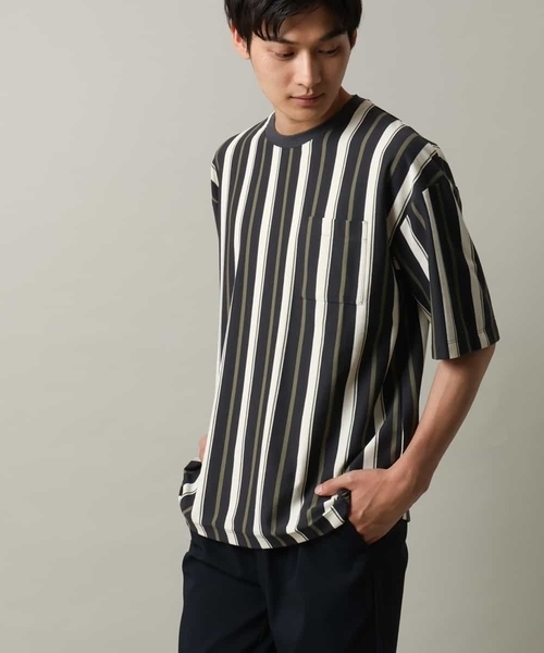 a.v.v(アーヴェヴェ)の「【主役TOPS】ストライプワイドシルエットカットソー(Tシャツ/カットソー・メンズ・チャコールグレー/ブラック・48/46)」の1枚目の写真