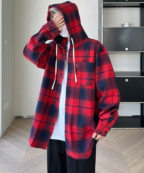 【セール】【FVLMEN】ombre hood check longsleeve shirt/オンブレ フード チェック ロングスリーブ シャツ（シャツ/ブラウス）｜FVLMEN（フルメン）
