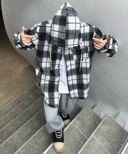 セール】【FVLMEN】ombre hood check longsleeve shirt/オンブレ