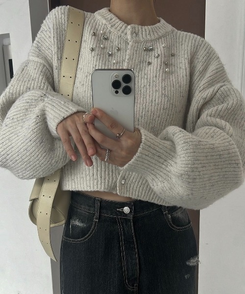 WILLFULLY(ウィルフリー)の「silver yarn studs bijou volume sleeve knit(ニット/セーター・レディース・タン/チャコール/アイボリー・FREE)」の4枚目の写真