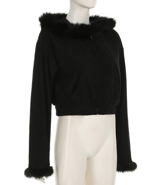 gossip！ロサンゼルス（ゴシップロサンゼルス）の「Y2K エコファー  ジップアップ リブ フードパーカー（パーカー・レディース・ブラック・FREE）」の13枚目の写真