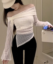 サイドギャザー オフショルダー レース トップス