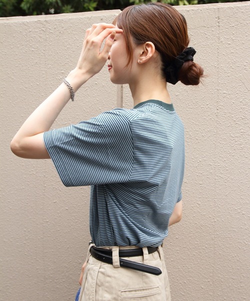 DANTON（ダントン）の「DANTON/ダントン　インナーTEEシャツ　ボーダー　T/C INNER TEE BORDER　DT-C0195 CVT（Tシャツ/カットソー・レディース・ネイビー/レッド/ベージュ/グリーン/イエロー・M）」の8枚目の写真