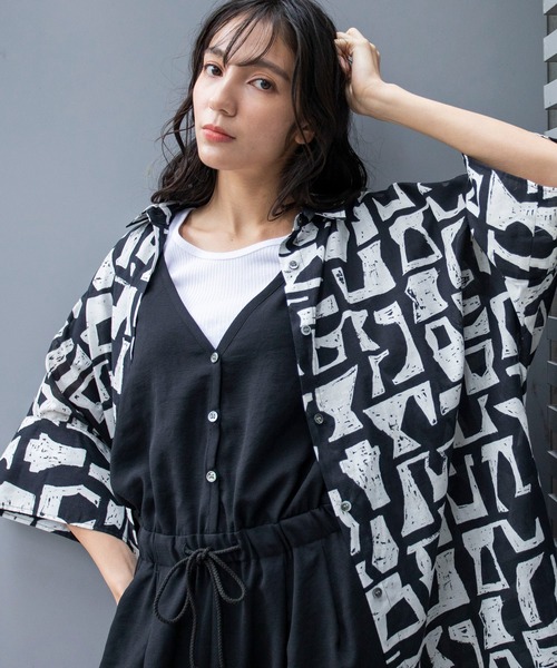 クニオコレクション フェイクプリントシャツワンピース 黒 クニオコレクション フェイクプリントシャツワンピース 黒