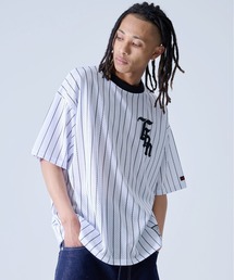 FUBU/フブ ストライプ半袖Tシャツ メッシュ ロゴ 刺繍