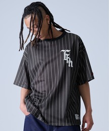 FUBU フブ ブランド ロゴ 刺繍 アメカジ メッシュ ストライプ クルーネック 半袖 Tシャツ ティーシャツ