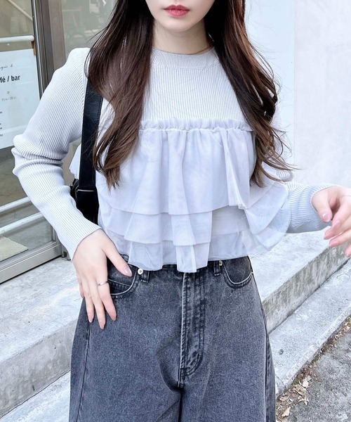 INGNI（イング）の「チュールフリルドッキングニット（ニット/セーター・レディース・アイボリー/ブラック/グレー・M）」の3枚目の写真