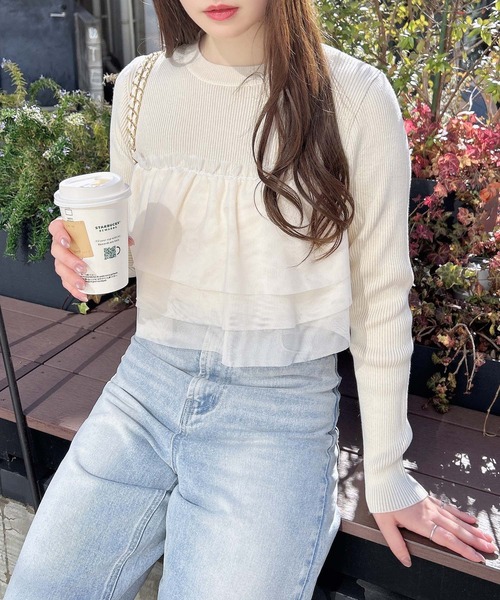 INGNI（イング）の「チュールフリルドッキングニット（ニット/セーター・レディース・アイボリー/ブラック/グレー・M）」の2枚目の写真