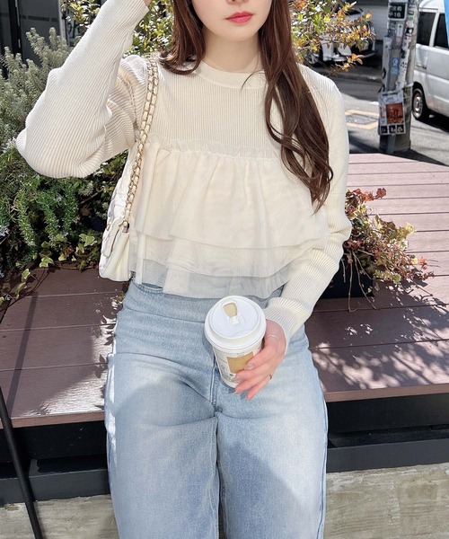 INGNI（イング）の「チュールフリルドッキングニット（ニット/セーター・レディース・アイボリー/ブラック/グレー・M）」の21枚目の写真