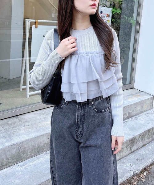 INGNI（イング）の「チュールフリルドッキングニット（ニット/セーター・レディース・アイボリー/ブラック/グレー・M）」の11枚目の写真