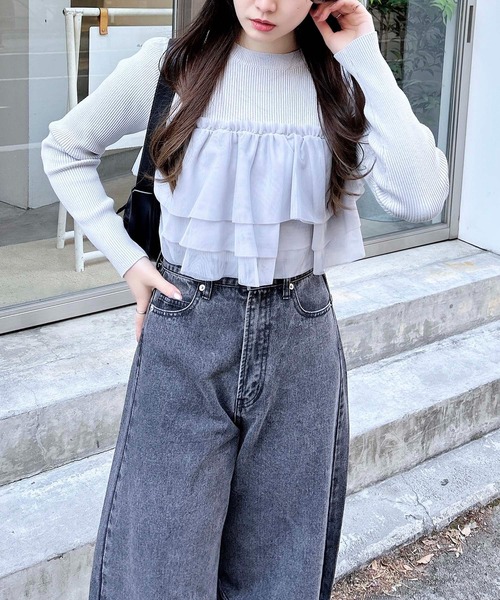 INGNI（イング）の「チュールフリルドッキングニット（ニット/セーター・レディース・アイボリー/ブラック/グレー・M）」の12枚目の写真