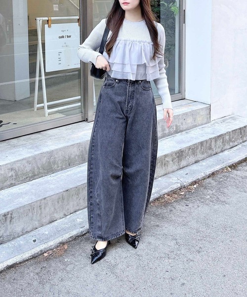 INGNI（イング）の「チュールフリルドッキングニット（ニット/セーター・レディース・アイボリー/ブラック/グレー・M）」の14枚目の写真