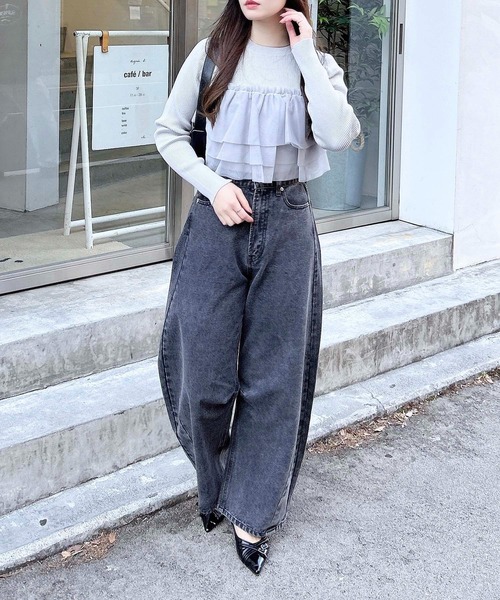 INGNI（イング）の「チュールフリルドッキングニット（ニット/セーター・レディース・アイボリー/ブラック/グレー・M）」の10枚目の写真