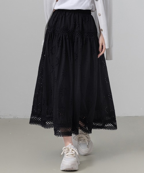 DAY CLOSET(デイ クローゼット)の「レディース ふんわりパンチングレースフレアスカート(スカート・レディース・ブラック/アイボリー/ホワイト・FREE)」の10枚目の写真