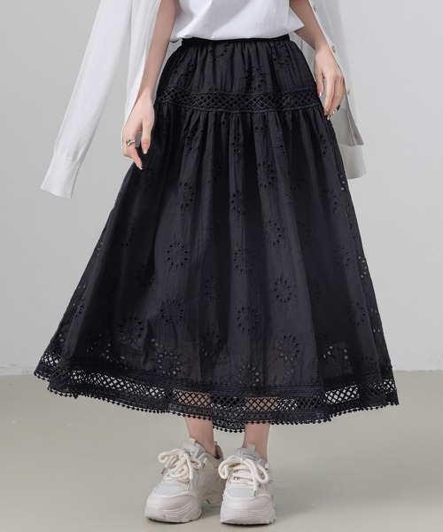DAY CLOSET(デイ クローゼット)の「レディース ふんわりパンチングレースフレアスカート(スカート・レディース・ブラック/アイボリー/ホワイト・FREE)」の11枚目の写真