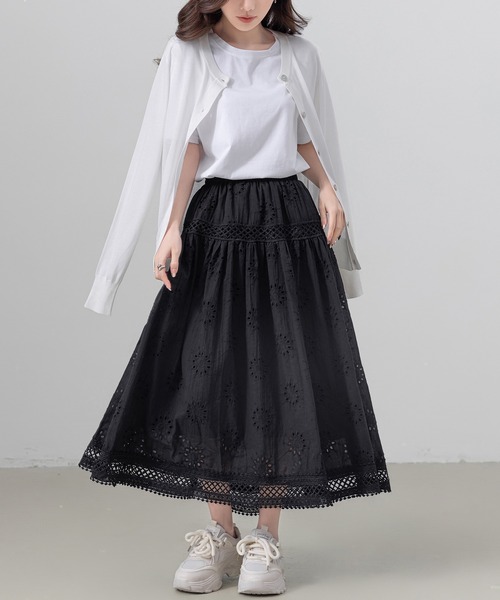 DAY CLOSET(デイ クローゼット)の「レディース ふんわりパンチングレースフレアスカート(スカート・レディース・ブラック/アイボリー/ホワイト・FREE)」の14枚目の写真