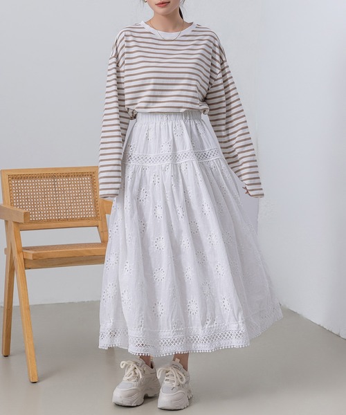 DAY CLOSET(デイ クローゼット)の「レディース ふんわりパンチングレースフレアスカート(スカート・レディース・ブラック/アイボリー/ホワイト・FREE)」の8枚目の写真