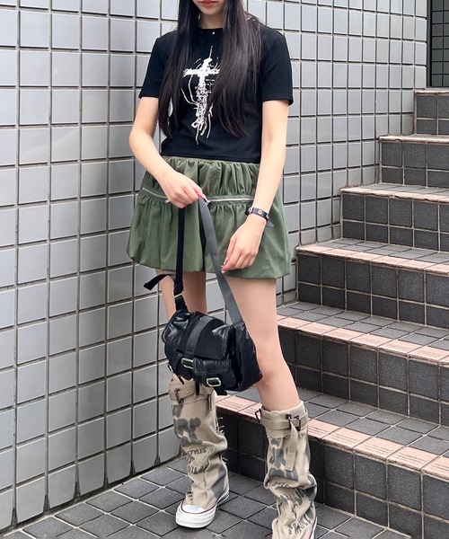 Figments(フィグメンツ)の「ドームネッククロスプリントトップス(Tシャツ/カットソー・レディース・ホワイト/ブラック・FREE)」の5枚目の写真