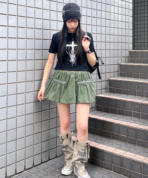 Figments(フィグメンツ)の「ドームネッククロスプリントトップス(Tシャツ/カットソー・レディース・ホワイト/ブラック・FREE)」の7枚目の写真