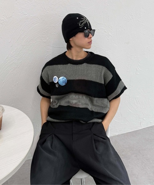 sedacle(セダクル)の「ボーダーシアーニット(ニット/セーター・レディース・ピンク/ブラック/ネイビー・LARGE/MEDIUM/SMALL)」の2枚目の写真