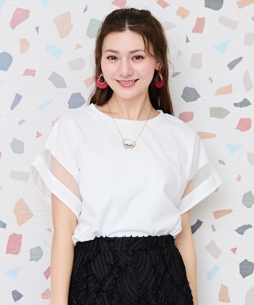 tシャツ 「FONT LAB」プレーティング天竺×チュールコンビTシャツ レディース FONT LAB】プレーティング天竺×チュールコンビTシャツ（Tシャツ