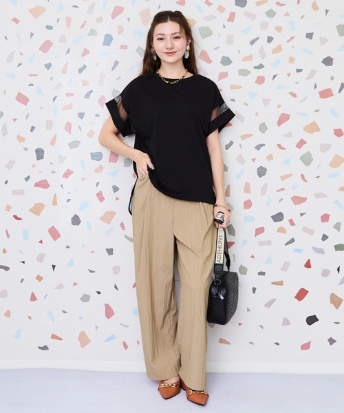 tシャツ 「FONT LAB」プレーティング天竺×チュールコンビTシャツ レディース FONT LAB】プレーティング天竺×チュールコンビTシャツ（Tシャツ