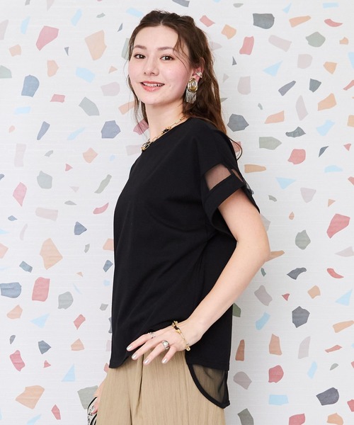 tシャツ 「FONT LAB」プレーティング天竺×チュールコンビTシャツ レディース FONT LAB】プレーティング天竺×チュールコンビTシャツ（Tシャツ