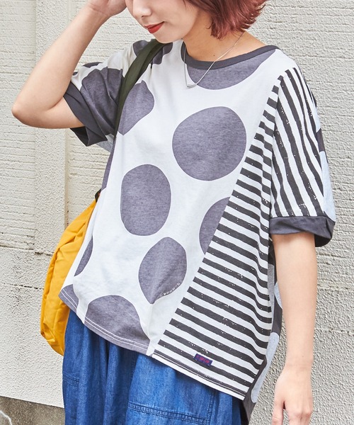 CUBE SUGAR(キューブシュガー)の「ドットプリント汗染み防止加工ドルマンTシャツ(Tシャツ/カットソー・レディース・ホワイト/マルチ/スミクロ/グレイッシュベージュ・M)」の4枚目の写真