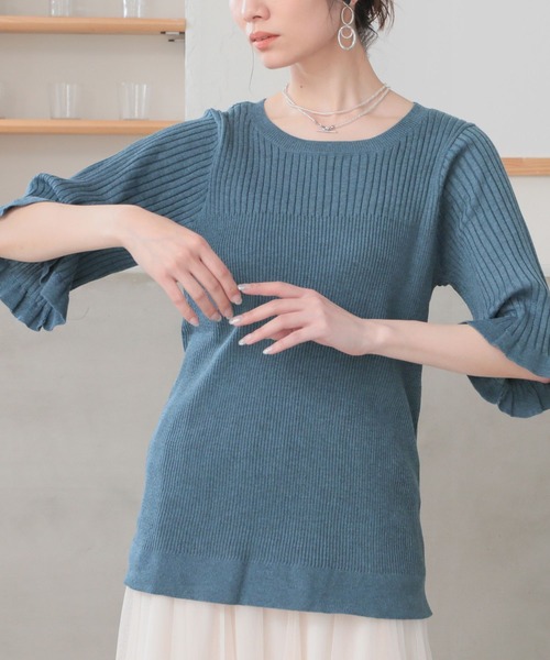 n'OrLABEL(ノアールレーベル)の「袖フリル半袖リブニット(ニット/セーター・レディース・ブラック/ブルー/グレイッシュベージュ・1/2)」の3枚目の写真