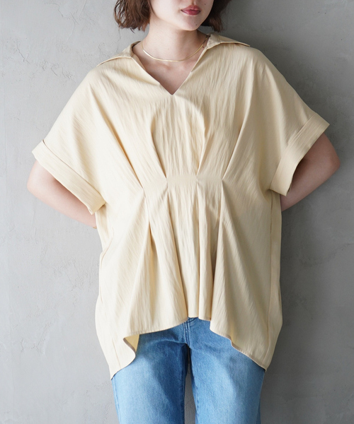 qualite scape（カリテ スケープ）の「ウエストタックスキッパー半袖シャツ/オフィスカジュアル（シャツ/ブラウス・レディース・イエロー/ブルー/ホワイト・フリー）」の3枚目の写真