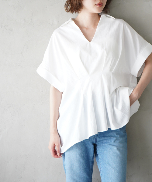 qualite scape（カリテ スケープ）の「ウエストタックスキッパー半袖シャツ/オフィスカジュアル（シャツ/ブラウス・レディース・イエロー/ブルー/ホワイト・フリー）」の10枚目の写真