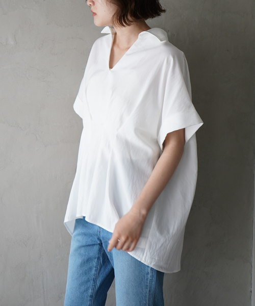 qualite scape（カリテ スケープ）の「ウエストタックスキッパー半袖シャツ/オフィスカジュアル（シャツ/ブラウス・レディース・イエロー/ブルー/ホワイト・フリー）」の11枚目の写真