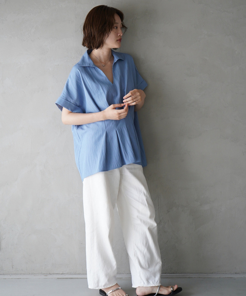 qualite scape（カリテ スケープ）の「ウエストタックスキッパー半袖シャツ/オフィスカジュアル（シャツ/ブラウス・レディース・イエロー/ブルー/ホワイト・フリー）」の18枚目の写真