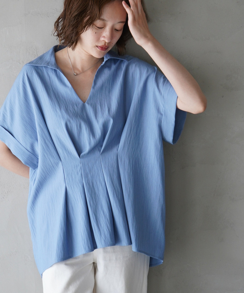 qualite scape（カリテ スケープ）の「ウエストタックスキッパー半袖シャツ/オフィスカジュアル（シャツ/ブラウス・レディース・イエロー/ブルー/ホワイト・フリー）」の4枚目の写真