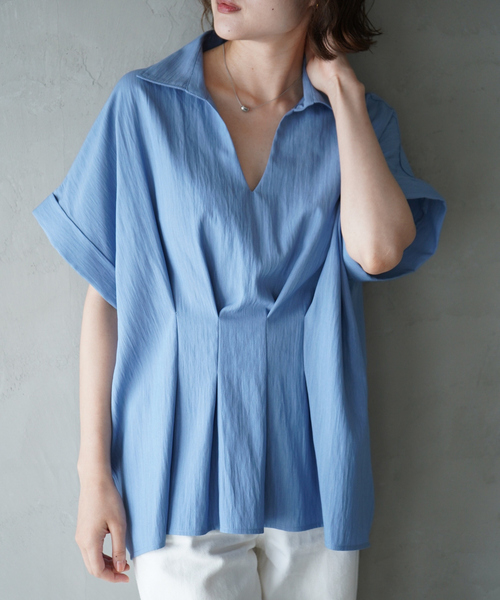 qualite scape（カリテ スケープ）の「ウエストタックスキッパー半袖シャツ/オフィスカジュアル（シャツ/ブラウス・レディース・イエロー/ブルー/ホワイト・フリー）」の5枚目の写真