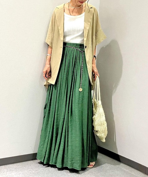 Q（キュー）の「カラーギャザースカート（スカート・レディース・グリーン/ブラック・MEDIUM）」の3枚目の写真