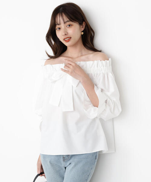 PROPORTION BODY DRESSING（プロポーションボディドレッシング）の「＜ウォッシャブル＞リボン付きオフショルブラウス / 1215210801（シャツ/ブラウス・レディース・ブルー/ホワイト・FREE）」の2枚目の写真