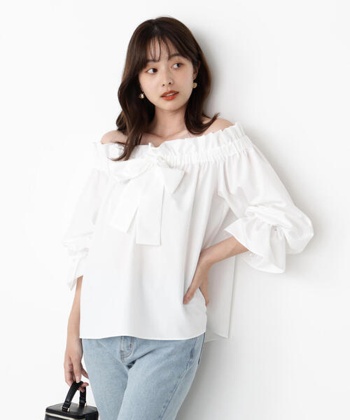PROPORTION BODY DRESSING（プロポーションボディドレッシング）の「＜ウォッシャブル＞リボン付きオフショルブラウス / 1215210801（シャツ/ブラウス・レディース・ブルー/ホワイト・FREE）」の4枚目の写真