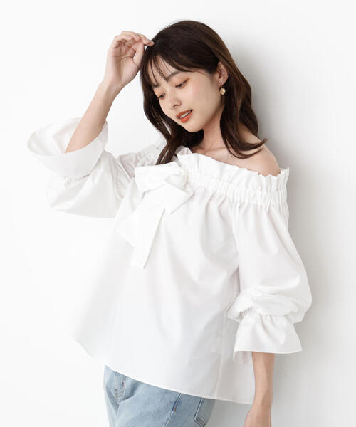 PROPORTION BODY DRESSING（プロポーションボディドレッシング）の「＜ウォッシャブル＞リボン付きオフショルブラウス / 1215210801（シャツ/ブラウス・レディース・ブルー/ホワイト・FREE）」の5枚目の写真