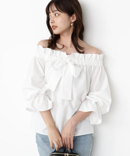 PROPORTION BODY DRESSING（プロポーションボディドレッシング）の「＜ウォッシャブル＞リボン付きオフショルブラウス / 1215210801（シャツ/ブラウス・レディース・ブルー/ホワイト・FREE）」の6枚目の写真