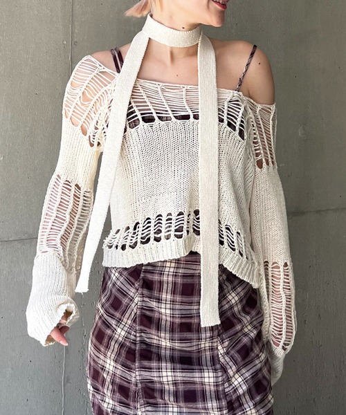 ニット セーター ストール付きかぎ編みショートトップス レディース SPIRALGIRL（スパイラルガール）の「ストール付きかぎ編み