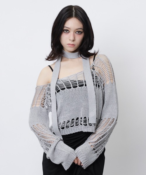スパイラルガール SPIRALGIRL ストール付きかぎ編みショートトップス （グレー） ストール付きかぎ編みショートトップス SPIRALGIRL│SPIRALGIRL
