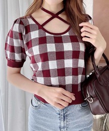 未使用タグ付◎ JENNE 半袖　ニットブラウス　シルク混　チェック柄　レッド 未使用タグ付◎ JENNE 半袖 ニットブラウス シルク混 チェック柄
